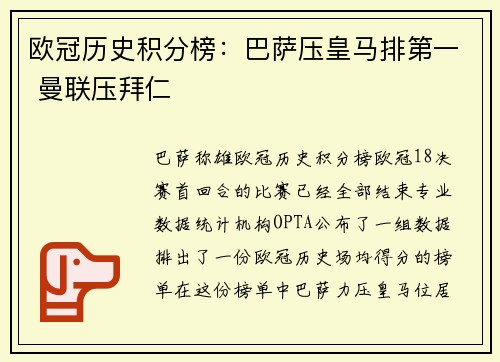 欧冠历史积分榜：巴萨压皇马排第一 曼联压拜仁
